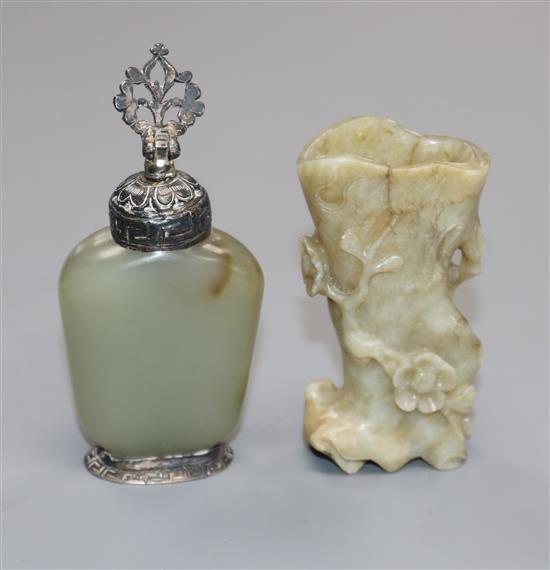 A Chinese jade snuff bottle and a Chinese jade prunus trunk-shaped vase